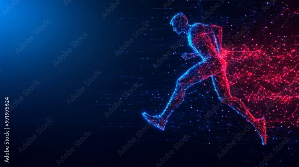 A dynamic silhouette of a runner composed of glowing particles, symbolizing speed, energy, futuristic technology, and the power of human potential. A dynamic silhouette of a runner composed of glowing particles, symbolizing speed, energy, futuristic technology, and the power of human potential.