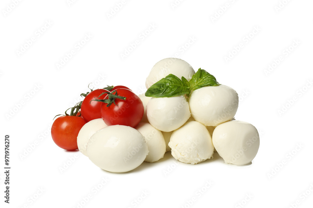 PNG, Mozzarella cheese, basil and tomatoes, isolated on white background PNG, Mozzarella cheese, basil and tomatoes, isolated on white background