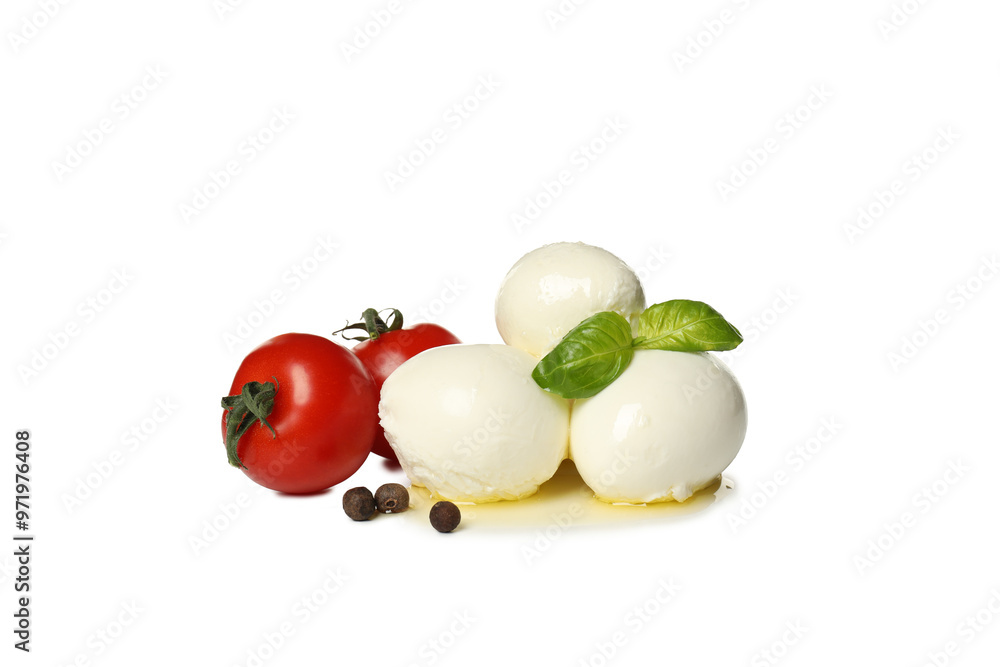 PNG, Mozzarella cheese, tomato and basil, isolated on white background PNG, Mozzarella cheese, tomato and basil, isolated on white background