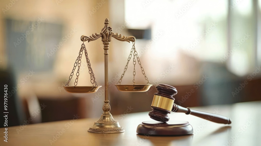 Golden scales for justice and wooden gavel on the table, equal weight in justice. On the back are signs of law office and courtroom Golden scales for justice and wooden gavel on the table, equal weight in justice. On the back are signs of law office and courtroom