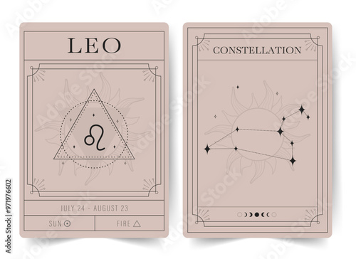 Leo. Witchcraft cards with astrology zodiac sign and constellation. Modern boho astrology posters. Perfect for tarot readers and astrologers. Vector illustration.