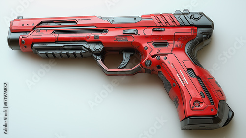 A red gun with a black handle and a silver barrel. The gun is designed to look futuristic and has a metallic appearance photo