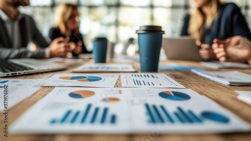 Small business owners discussing strategy around a table with printed charts and coffee cups, strategy meeting, teamwork