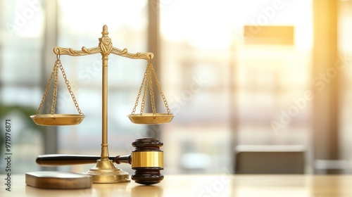 Golden scales for justice and wooden gavel on the table, equal weight in justice. On the back are signs of law office and courtroom