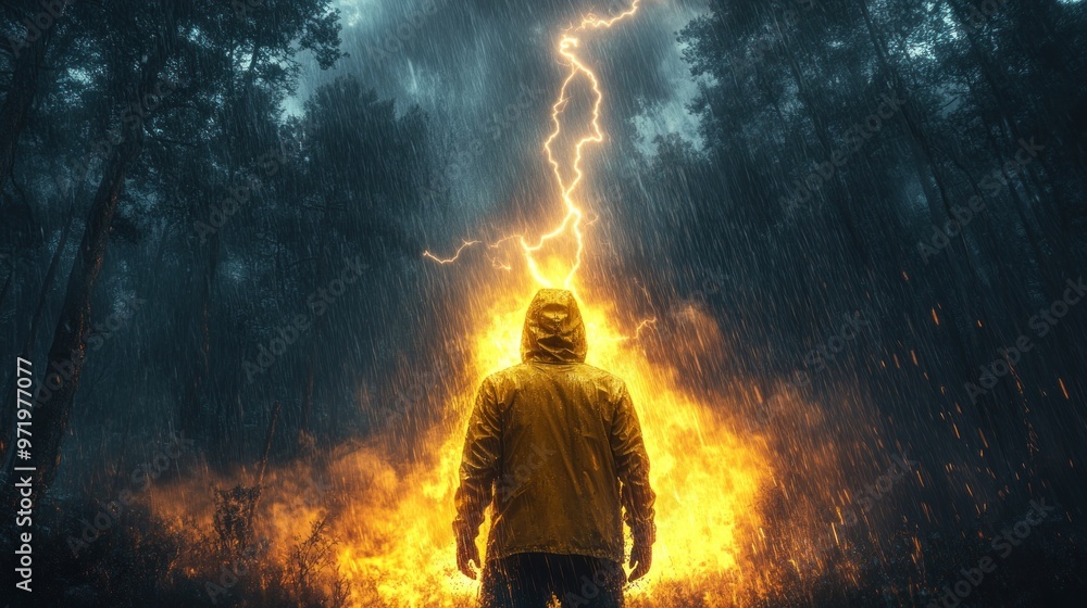 A figure in a yellow raincoat stands before a fiery blaze in a storm. A figure in a yellow raincoat stands before a fiery blaze in a storm.
