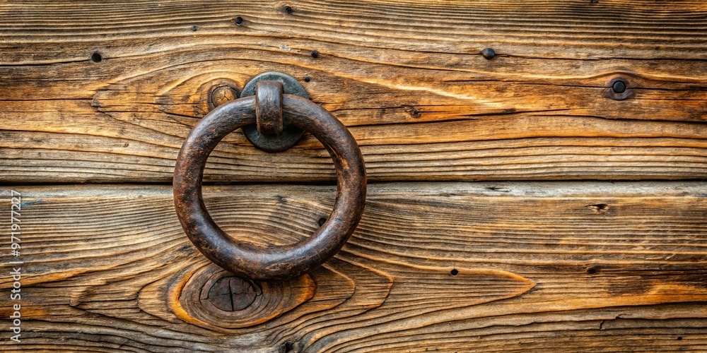 Wooden wall background with antique iron ring Extreme Close-Up Wooden wall background with antique iron ring Extreme Close-Up