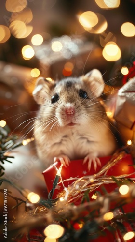 Cute mouse peeking out from Christmas decorations with festive lights and presents, creating a warm holiday atmosphere.