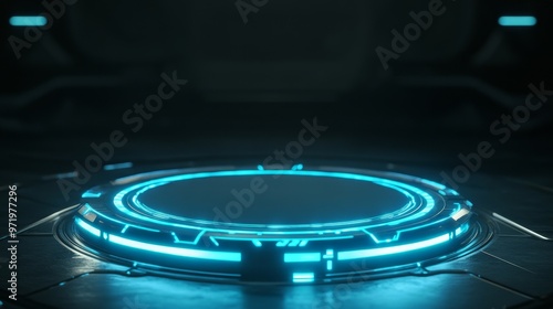 A futuristic glowing circular platform with blue neon lights, representing innovation, technology, progress, advancement, and the future.