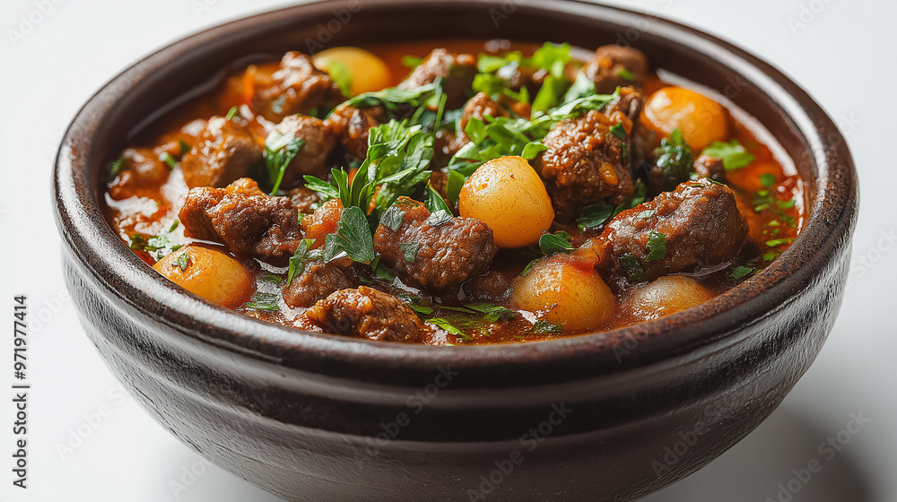 Hungarian goulash, hearty beef stew with paprika, isolated on white background, traditional Hungarian dish, simple and clean presentation Hungarian goulash, hearty beef stew with paprika, isolated on white background, traditional Hungarian dish, simple and clean presentation