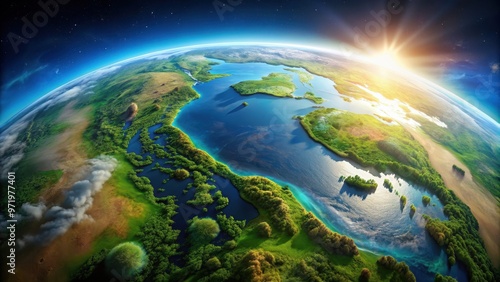 A stunning aerial view of Planet Earth showcasing its lush landscapes and abundant water resources, earth, planet, water