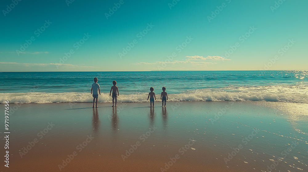 Fototapeta premium A family of four is standing on the beach, enjoying the ocean view. The children are playing in the water, while the parents watch over them. The scene is peaceful and relaxing