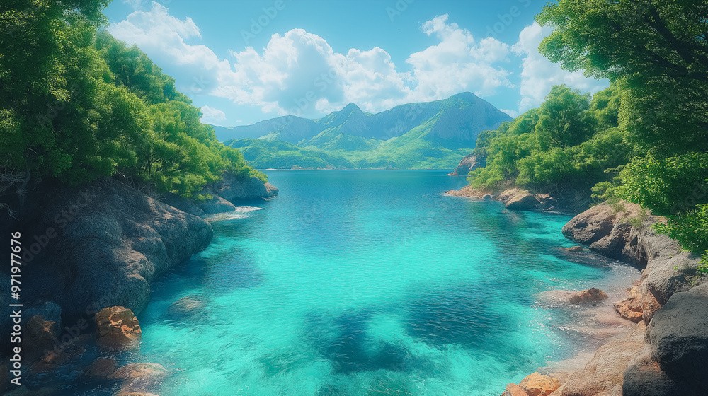 A beautiful blue lake with a rocky shoreline. The water is calm and clear, and the sky is cloudy. The scene is peaceful and serene A beautiful blue lake with a rocky shoreline. The water is calm and clear, and the sky is cloudy. The scene is peaceful and serene