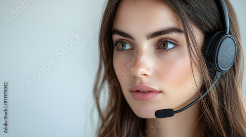 A professional businesswoman wearing a headset, customer service concept, isolated on a white background photo