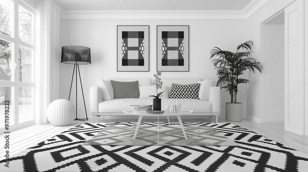 Fototapeta premium Living room with a monochromatic black-and-white color scheme, featuring modern furniture and geometric patterns on the rug.