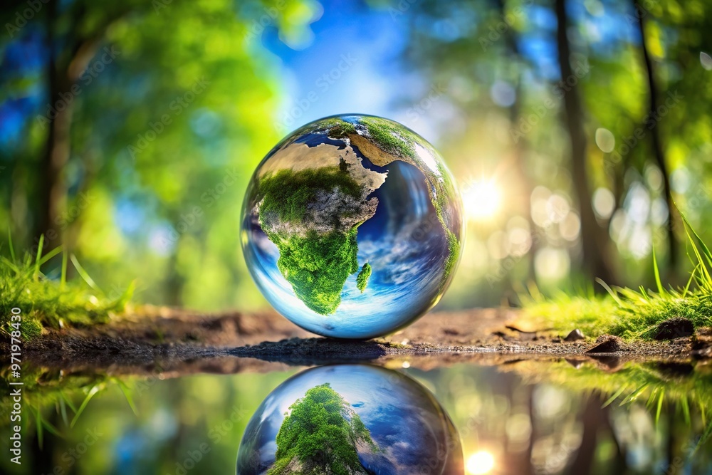 Worm's eye view of Earth bubble reflecting global nature in a green world Worm's eye view of Earth bubble reflecting global nature in a green world