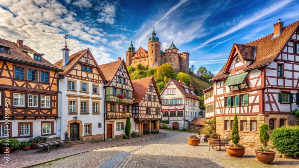 Medieval town of B?dingen featuring half-timbered houses, cobblestone streets, and a picturesque castle , B?dingen Medieval town of B?dingen featuring half-timbered houses, cobblestone streets, and a picturesque castle , B?dingen