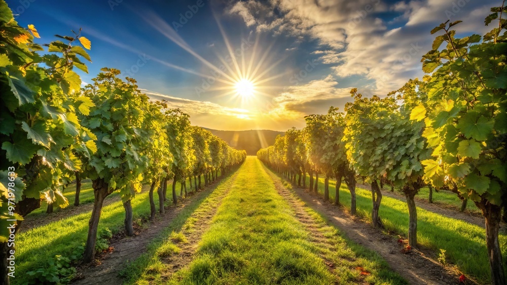 Naklejka premium Worm's eye view of low early morning sun casting shadows through an English vineyard