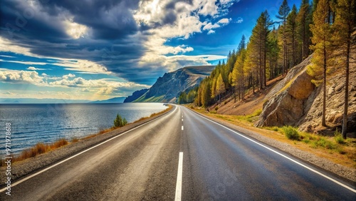 Worm's eye view of highway road in Baikal region to Olkhon Island photo