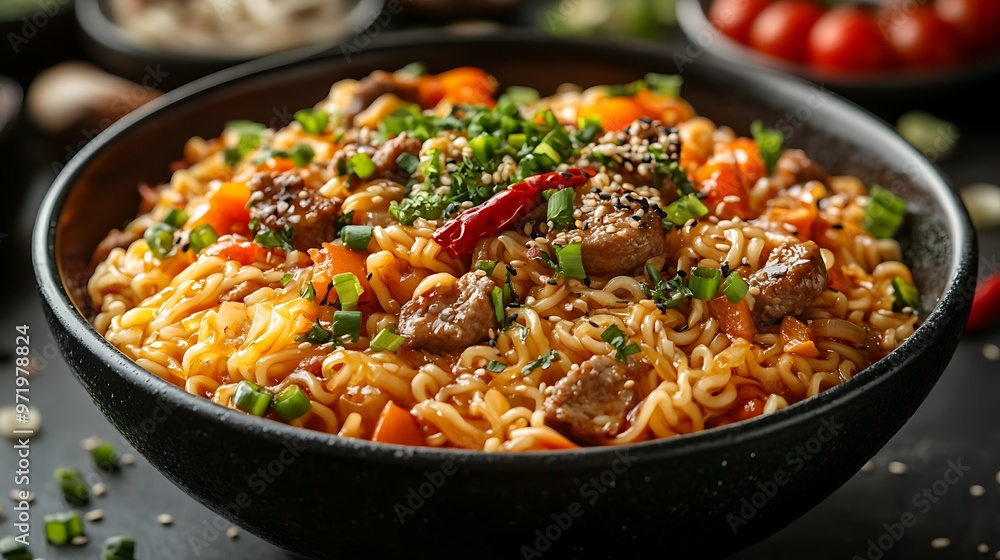 A bowl of spicy beef noodles with vegetables and sesame seeds. A bowl of spicy beef noodles with vegetables and sesame seeds.