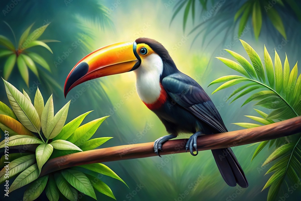 Obraz premium Worm's eye view painting of a toucan perched on a branch with leaves