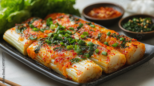 Korean kimchi, fermented cabbage with spices, traditional Korean dish, simple and clean presentation, no extra elements, vibrant colors, focus on the kimchi, appetizing and classic