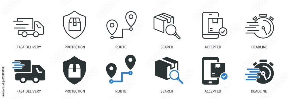 Delivery line and glyph solid icons collection. Minimal icon and symbol series vector illustration Delivery line and glyph solid icons collection. Minimal icon and symbol series vector illustration
