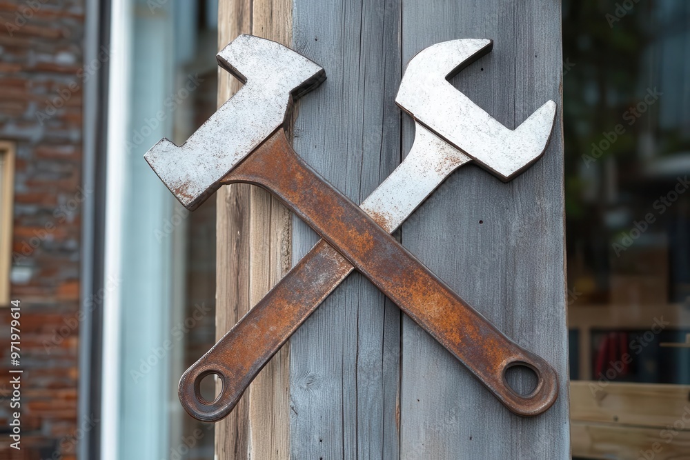 Rusty wrenches crossed on wooden background. Perfect for illustrating tools, craftsmanship, or DIY projects. Rusty wrenches crossed on wooden background. Perfect for illustrating tools, craftsmanship, or DIY projects.