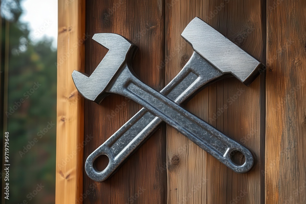 Two crossed metal tools against a rustic wooden background, perfect for construction or handyman themed projects. Two crossed metal tools against a rustic wooden background, perfect for construction or handyman themed projects.