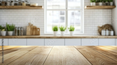 Wooden Kitchen Table. Blurred Clean Interior with Bokeh for Display