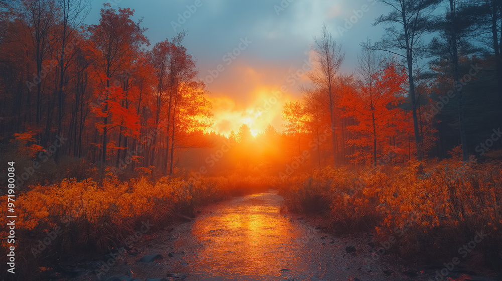 A forest with a path leading through it. The sun is setting and the sky is orange. The trees are full of leaves and the ground is wet A forest with a path leading through it. The sun is setting and the sky is orange. The trees are full of leaves and the ground is wet