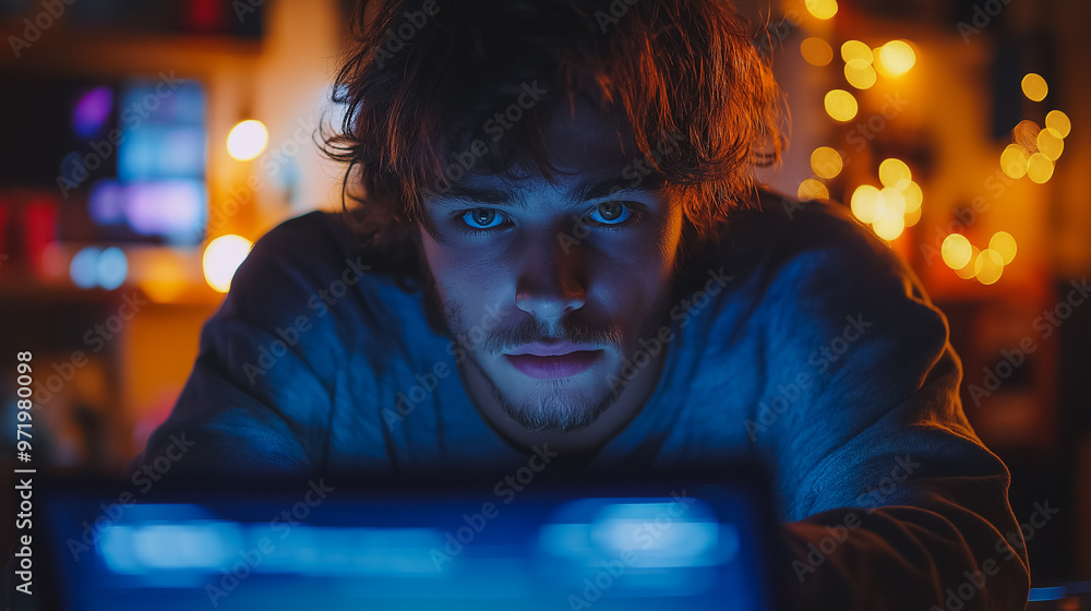 A man is sitting in front of a computer screen with a blue screen. He is wearing a gray shirt and has a beard. The room is dimly lit, and there are several books scattered around the area A man is sitting in front of a computer screen with a blue screen. He is wearing a gray shirt and has a beard. The room is dimly lit, and there are several books scattered around the area