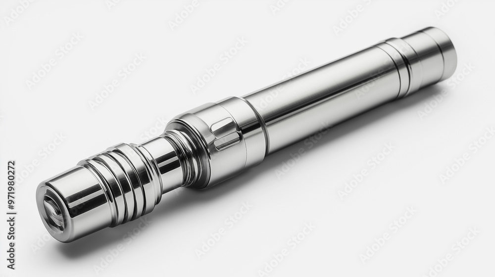 A silver object with a long, thin body and a small, silver tip. The object is shiny and metallic A silver object with a long, thin body and a small, silver tip. The object is shiny and metallic