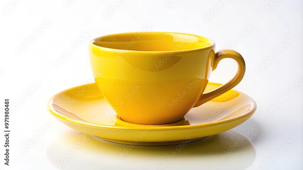 Yellow cup and saucer in focus on white surface with blurred background Yellow cup and saucer in focus on white surface with blurred background