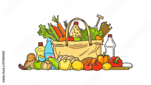 An illustration of a green shopping basket filled with groceries, including fresh vegetables, bread, and packaged goods, symbolizing grocery shopping, healthy food, and supermarket essentials
