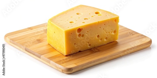 Yellow cheese on wooden board on white background isolated from above