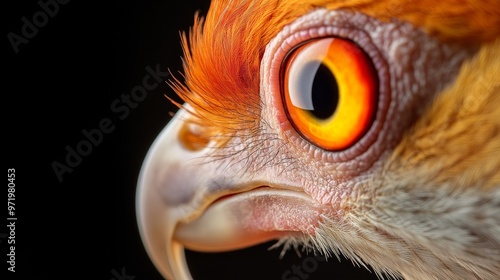 A macro photograph capturing the intricate details of a bird's eye. The vibrant orange and yellow colors of the iris create a mesmerizing effect, highlighting the bird's sharp gaze and predatory natur