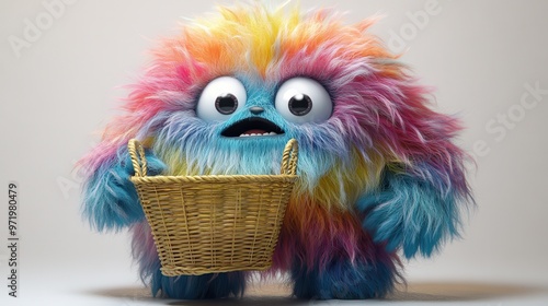 colorful hairy cartoon character holds empty shopping basket funny furry bigfoot toy clip art isolate on white background photo