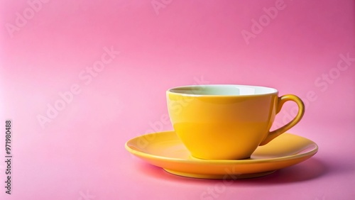 yellow cup and saucer on pink background