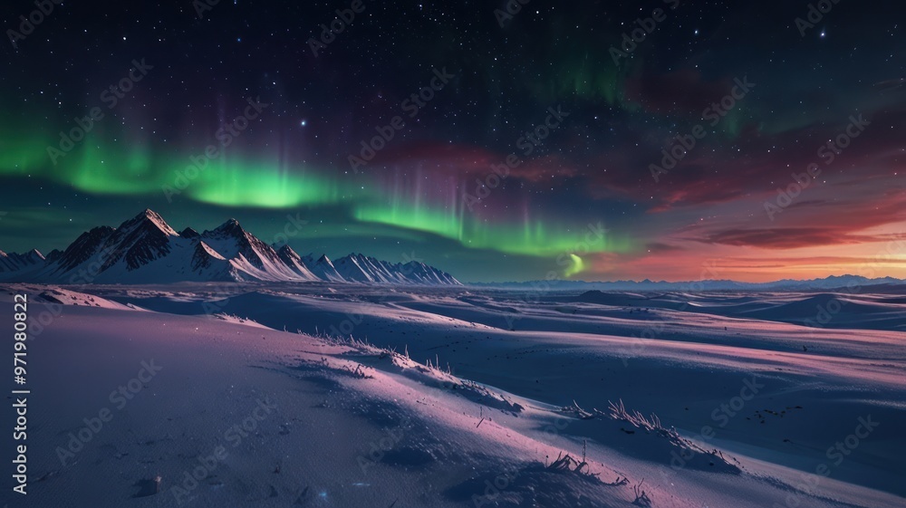 A realistic illustration of the natural phenomenon of the aurora in the night sky around the North Pole and South Pole A realistic illustration of the natural phenomenon of the aurora in the night sky around the North Pole and South Pole