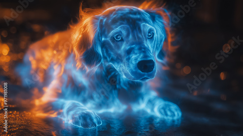 A dog is laying on a surface with a blue and orange glow surrounding it. The dog appears to be looking at the camera, possibly curious or intrigued by the glowing effect