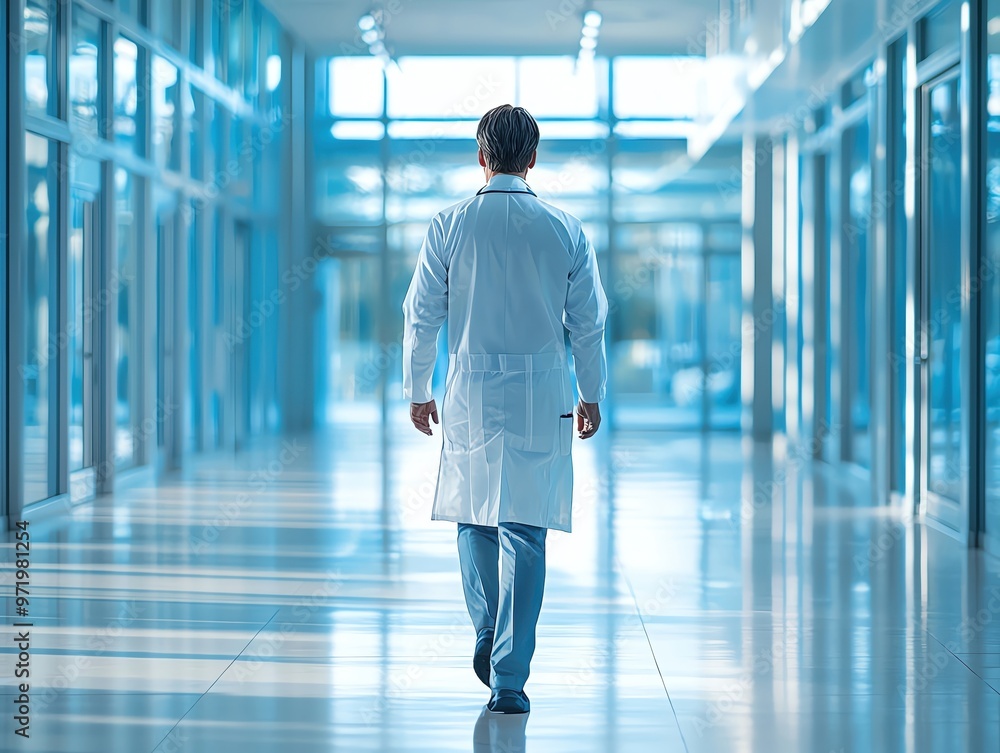 back view, Confident doctor walking through a corporate building, strong and determined back view, Confident doctor walking through a corporate building, strong and determined