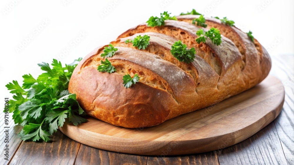 Loaf of bread with parsley garnish and slices cut out, bread, loaf, parsley, garnish, slices, cut out, food, bakery, fresh Loaf of bread with parsley garnish and slices cut out, bread, loaf, parsley, garnish, slices, cut out, food, bakery, fresh