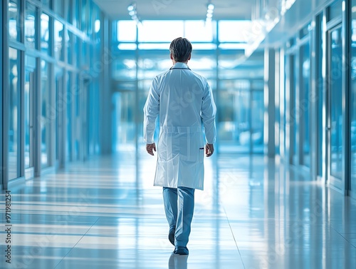 back view, Confident doctor walking through a corporate building, strong and determined
