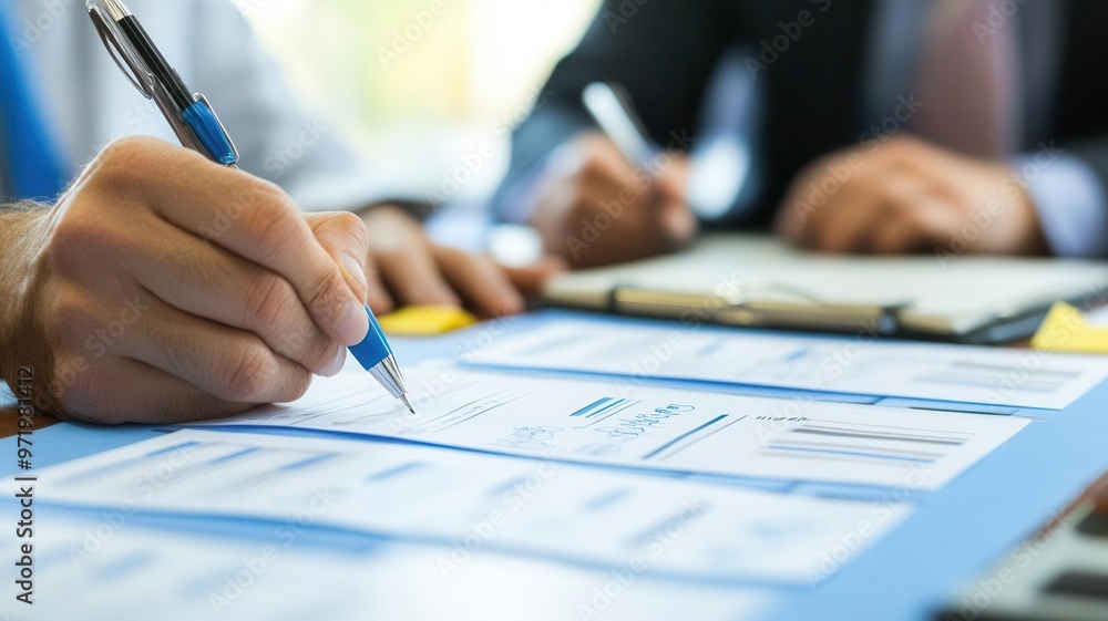 Managers writing notes on printed disaster recovery workflows during a formal meeting, disaster recovery, document-based discussion Managers writing notes on printed disaster recovery workflows during a formal meeting, disaster recovery, document-based discussion