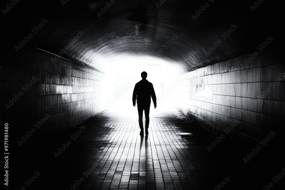 A lone figure walking towards the bright light at the end of a tunnel A lone figure walking towards the bright light at the end of a tunnel