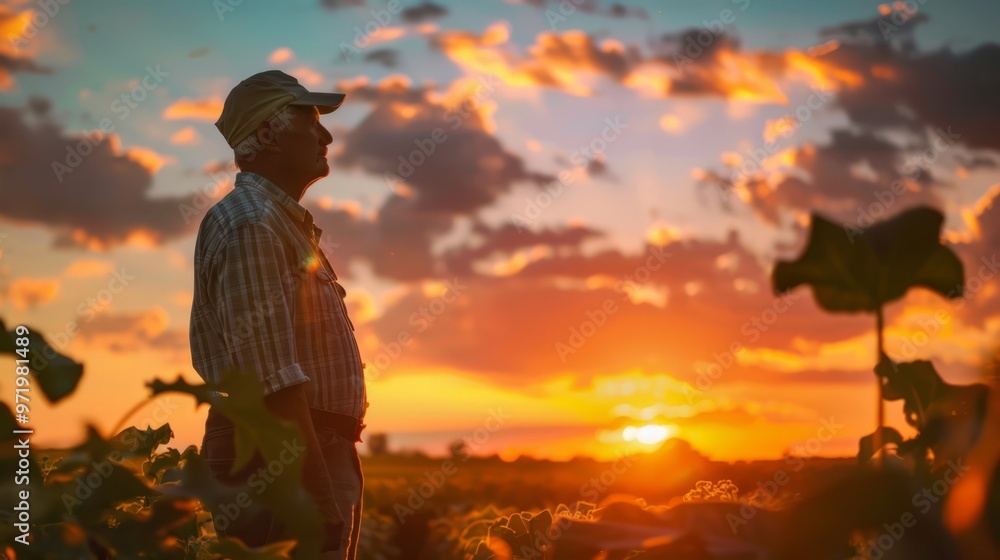 Fototapeta premium a farmer in the field at sunset