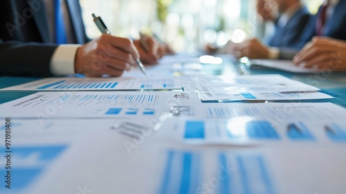 Managers writing notes on printed disaster recovery workflows during a formal meeting, disaster recovery, document-based discussion