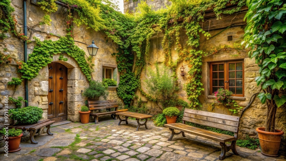 Fototapeta premium Peaceful old courtyard with vine-covered stone walls and rustic wooden benches, old, courtyard, vine-covered