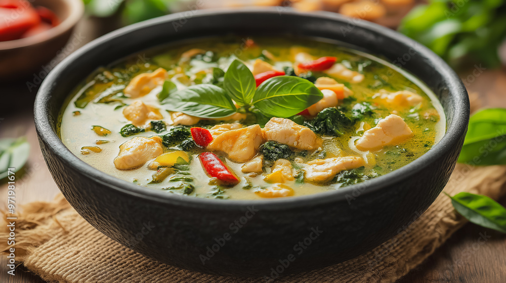 Thai green curry, spicy coconut milk soup, isolated on white background, traditional Thai dish, simple and clean presentation Thai green curry, spicy coconut milk soup, isolated on white background, traditional Thai dish, simple and clean presentation