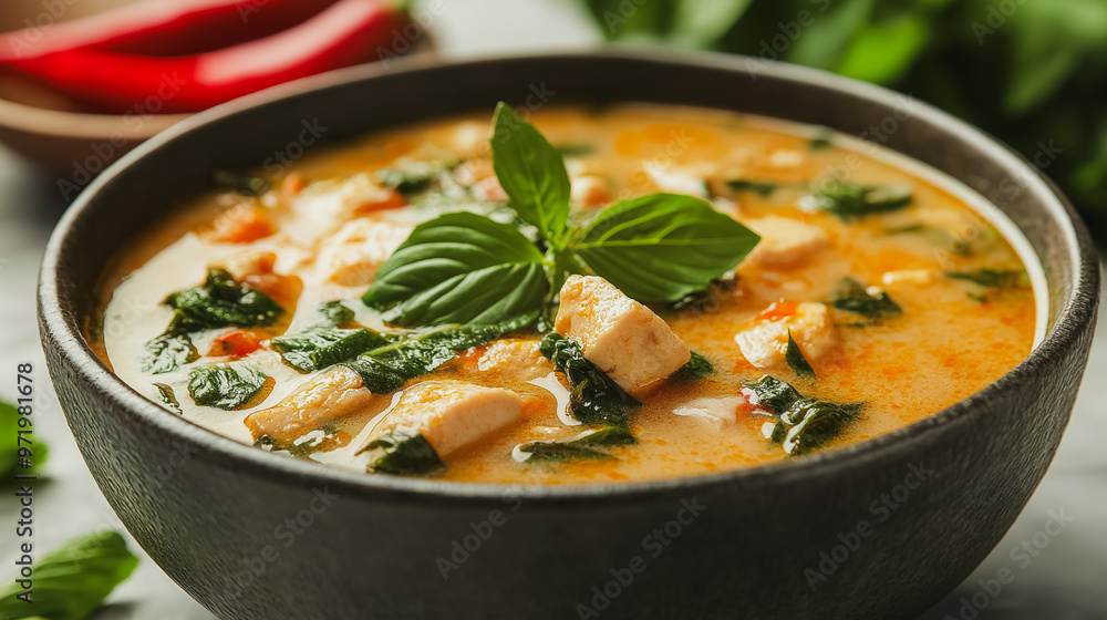 Thai green curry, spicy coconut milk soup, isolated on white background, traditional Thai dish, simple and clean presentation, no background distractions Thai green curry, spicy coconut milk soup, isolated on white background, traditional Thai dish, simple and clean presentation, no background distractions